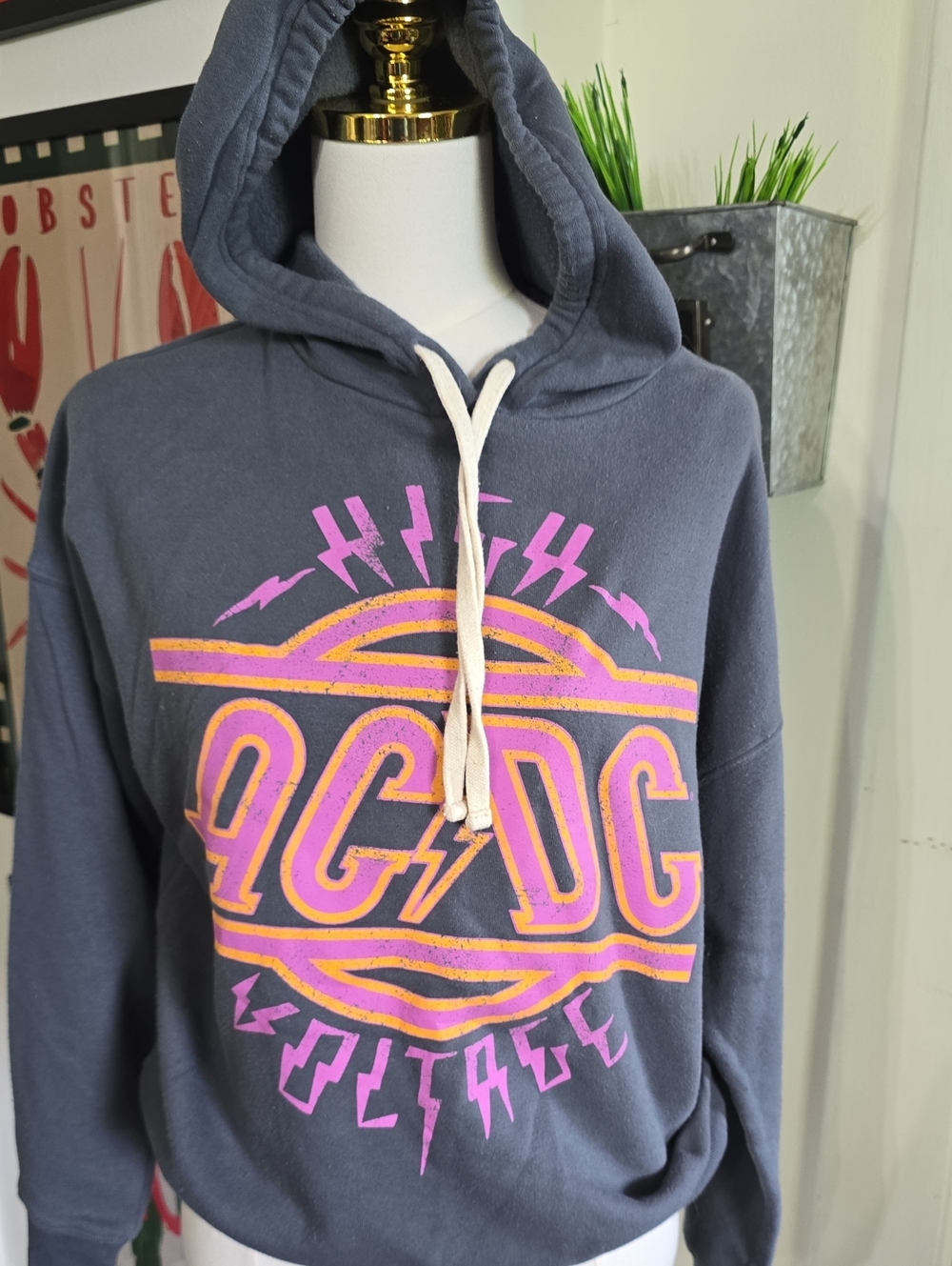 AC/DC Gray Hoodie Sweatshirt with Pink & Gold Logo
